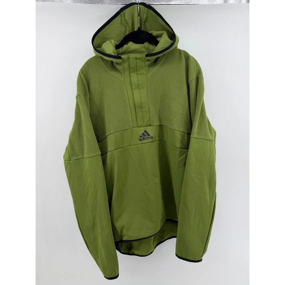Adidas Mens 1/4 Zip Fleece Hoodie Olive Green‎ Mixed Media Pullover Size M